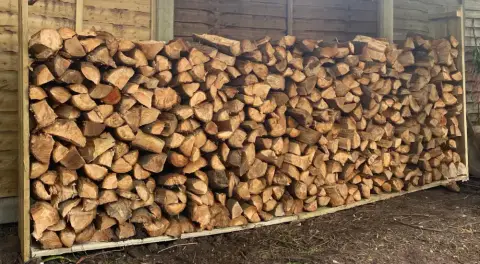 A long stack of seasoned split hardwood logs drying in the open air