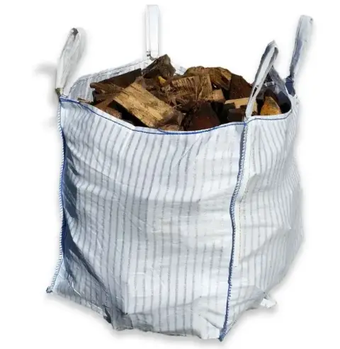 A vented 1.1 cubic metre ton bag filled with split logs